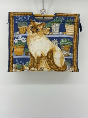 Decorative Handmade Cat Tote Bag in Blue and Brown Wooden Handles
